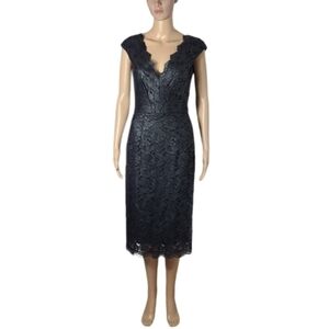 PLEIN SUD Black Scalloped Floral Lace Midi Sheath Dress Women's Size EU42/US 8